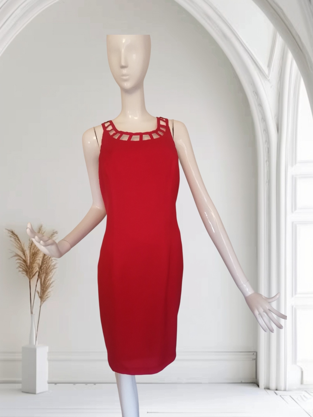 Elegant Red Midi Dress with Lattice Neckline